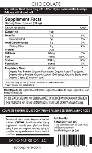 SANO Organic Cacao Chocolate Plant Based Protein Powder, Vegan, Keto Friendly, Low Net Carbs, Non Dairy, Gluten Free, Sugar Free, Lactose Free, Soy Free, Non-GMO, 28 Single Serving Packets