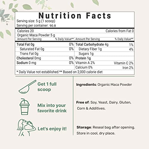 Pure Organic Maca Powder, 1 Pound, Gelatinized for Better Absorption, Rich in Antioxidants, Help Energy, Libido, Stamina, Endurance, Strength and Immune System, No GMOs, Vegan Friendly and Peru Origin