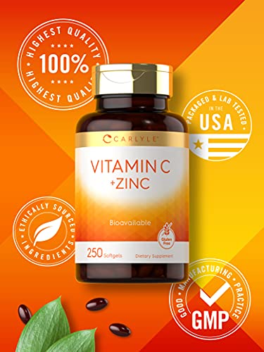 Vitamin C with Zinc | 280mg | 250 Softgels | Non-GMO and Gluten Free Formula | Value Size | Bioavailable Supplement | Ascorbic Acid and Zinc Oxide | by Carlyle