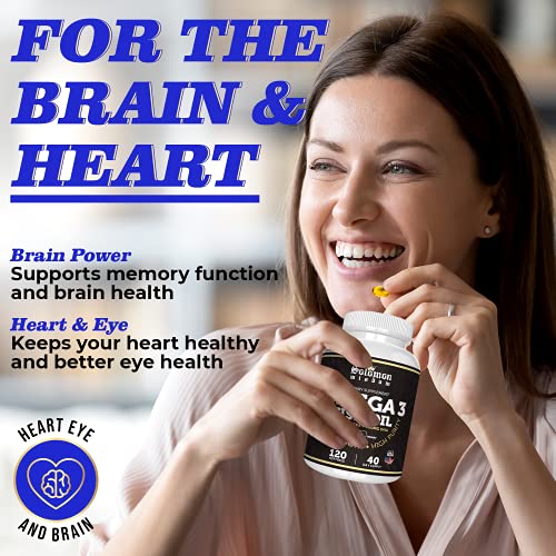Solomon Wisdom Omega 3 Fish Oil - Dietary Supplement for Healthy Heart & Brain - 120 Soft Gel Capsules with High EPA 1200mg & DHA 900mg - Burpless, Odorless with Natural Lemon Flavor - Made in the USA