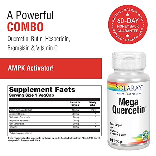Solaray Mega Quercetin, Healthy Sinus & Immune Support & AMPK Activator, Rutin, Hesperidin & Bromelain, 60 VegCaps