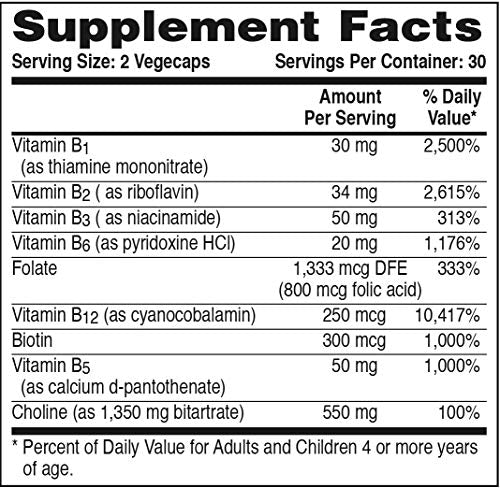 Advanced B-Complex - High Potency with 550mg Choline, B1, B2, B3, B6, Folate, B12, Biotin, B5 by Health Thru Nutrition 60 Vegecaps