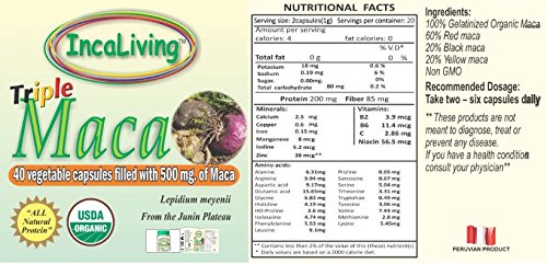 Triple Maca Powder - 100 Vegetable Capsules by Incaliving ( Red, Black and Yellow Maca) * 100% USDA Organic * 100% Gelatinized * 500mg per Capsule* Authentic Peruvian Maca