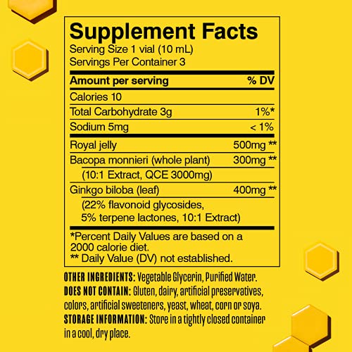 BEEKEEPER'S NATURALS B.LXR Brain Fuel - Memory, Focus and Clarity Liquid Formula, Supports Productivity - Royal Jelly, Ginkgo Biloba, Bacopa Monnieri - Keto Friendly, Gluten & Caffeine-Free, (3 ct)