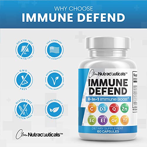 Immune Defense Support Supplement 8 in 1 w/ Zinc 50mg Quercetin, VIT C 1000mg, Vitamin D3 5000 IU, Elderberry, Turmeric Curcumin, Ginger, Echinacea - Immunity System Booster Adults Vegan - 60Ct (USA)
