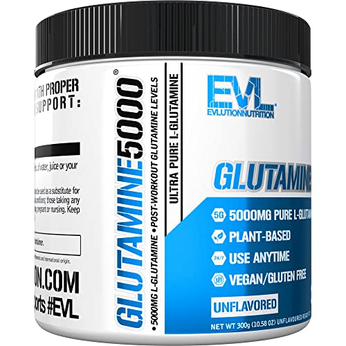 Evlution Nutrition L-Glutamine 5000, 5g Pure L Glutamine Per Serving, Post Workout, Nitrogen Transporter, Immune Support, Vegan, Gluten-Free, Unflavored Powder (60 Servings)
