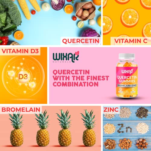 Wixar Naturals Quercetin Gummies - Quercetin 500mg with Bromelain, Zinc, Vitamin C&D3 - Quercetin Gummy Supplements for Immune Support and Allergy - Immunity Booster Vitamins Supplement – 60 Chewable