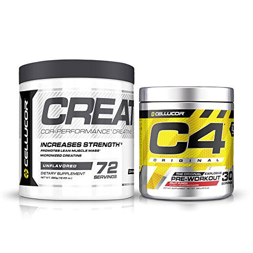 Cellucor Pre Workout & Creatine Bundle, C4 Original Pre Workout Powder, Fruit Punch, 30 Servings + Cor Performance Creatine Powder, 72 Servings