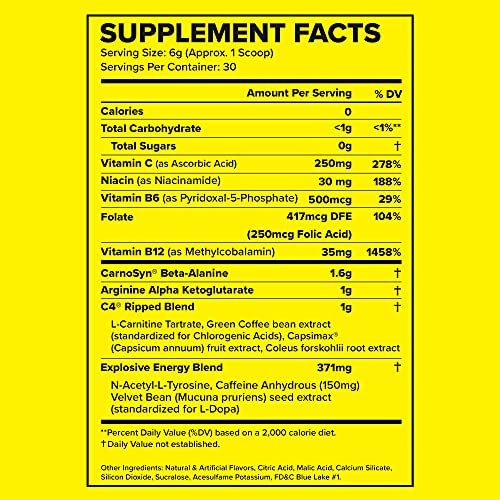 C4 Ripped Pre Workout Powder Raspberry Lemonade | Creatine Free + Sugar Free Preworkout Energy Supplement for Men & Women | 150mg Caffeine + Beta Alanine + Weight Loss | 30 Servings