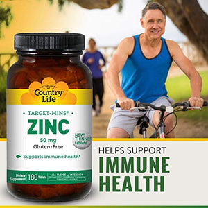 Country Life Target Mins Zinc 50 mg - 180 Tablets - Supports Prostate and Immune Health - Superior Absorption