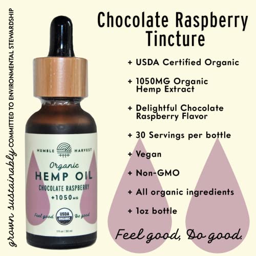 HUMBLE HARVEST Organic True Hemp Oil Extract, 1050mg, Chocolate Raspberry - Pure, Certified USDA Organic, Tincture, Vegan, Non-GMO, Quality, Mind/Body Balance, 1 Ounce Bottle