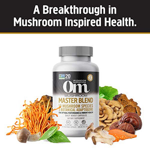 Om Mushroom Superfood Master Blend Mushroom Capsules Supplement, 80 Count, 20 Servings, 10 Mushroom Complex, Lions Mane, Chaga, Cordyceps, Reishi Extract Adaptogens for Vibrant Health, Immune Support