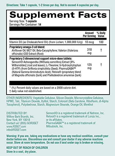 R3SET Calm, Stress & Anxiety Relief Supplement, Calm & Focus, with Ashwagandha, L-Theanine, Vitamin D, Valerian, Omega-3, 14 Veg Capsules