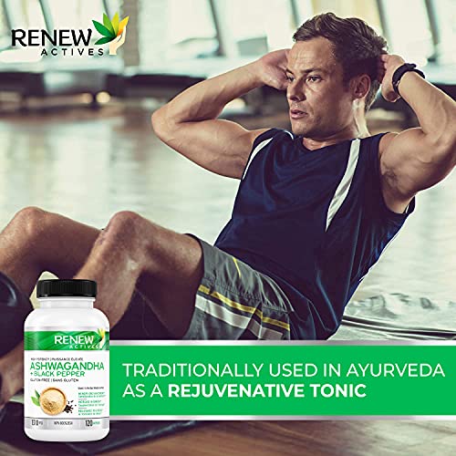 Renew Actives Organic ASHWAGANDHA Capsules: 1300 Mg of Ashwagandha with 10 Mg of Black Pepper - Powerful Herbal Supplement Traditionally Used to Support Sleep - 120 Veggie Supplements. Non-GMO