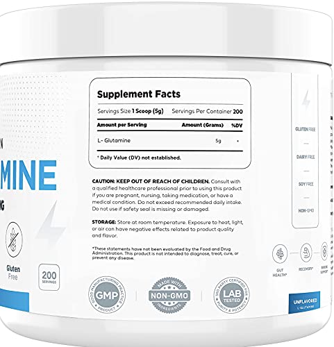 Ultra Clean L Glutamine Powder 5000 (1KG | 200serv) 5X Strength Pure L-Glutamine Supplement 5000mg for Gut Health - Supports Leaky Gut & Gastrointestinal Lining Repair Women & Men - Vegan, Gluten Free