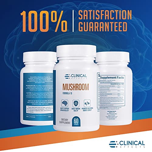 Clinical Effects Mushroom Formula 10 - Natural Mushroom Supplement for Focus, Mood, and Brain Booster Support - Nootropic Supplement and Immune Support - 60 Veggie Capsules - Made in The USA