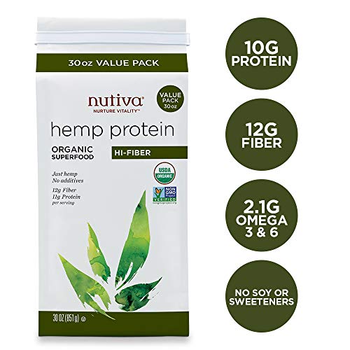 Nutiva USDA Organic Cold-Pressed Raw Hemp Seed Plant Protein with Hi-Fiber and Essential Amino Acids Powder, Non-GMO, Whole 30 Approved, Vegan, Gluten-Free & Keto, 30 Ounce