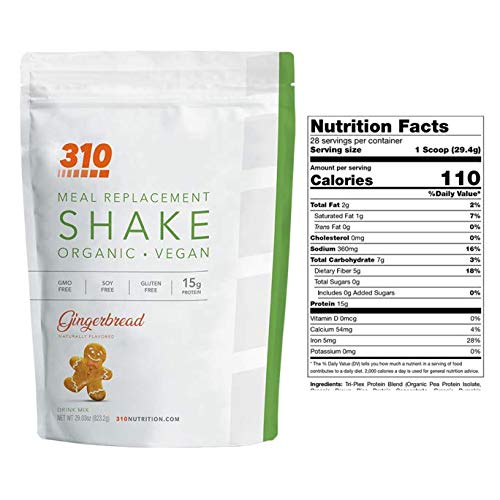Vegan Organic Plant Protein Powder and Meal Replacement Shake - By 310 Nutrition - Gluten, Dairy and Soy Free - 0g of Sugar | Keto and Paleo Friendly… (Gingerbread, 28 Servings)