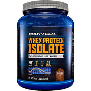 BodyTech Whey Protein Isolate Powder with 25 Grams of Protein per Serving BCAA's Ideal for PostWorkout Muscle Building Growth, Contains Milk Soy Rich Chocolate (1.5 Pound)