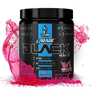 eFlow Nutrition Enrage Black High Stimulant Pre Workout Supplement - Preworkout Powder to Boost Energy, Pumps and Strength - 3 Flavors (30 Servings) (Sour Black Cherry)