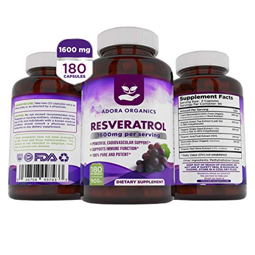 Adora Organics Resveratrol 1600mg, Trans-Resveratrol Antioxidant Supplement with Green Tea, Grape Seed Extract and Quercetin, Helps to Support Digestive Health and Immune System, 180 Capsules