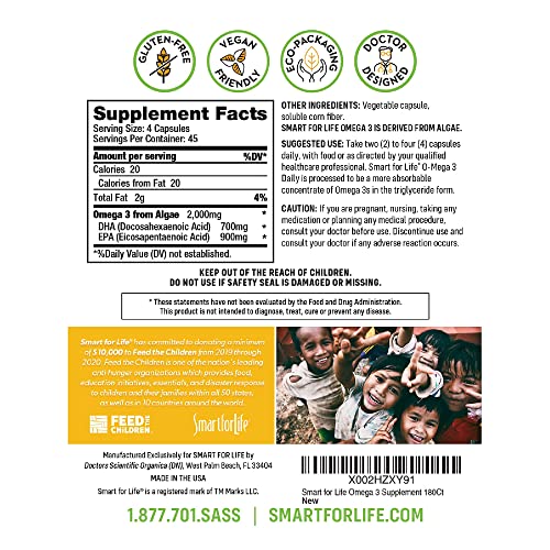 SMART FOR LIFE Algae Vegan Omega 3 Supplement - 180 Capsules - Plant Based Vegan Fish Oil Supplement Alternative - Algae Omega 3 Vegan EPA DHA Supplements - Friendly Packaging - Made in USA