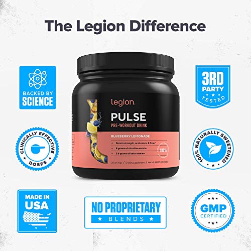 Legion Pulse Pre Workout Supplement - Natural Nitric Oxide Preworkout Drink to Boost Energy, Creatine Free, Naturally Sweetened, Beta Alanine, Citrulline, Alpha GPC (Blueberry Lemonade) 21 Servings