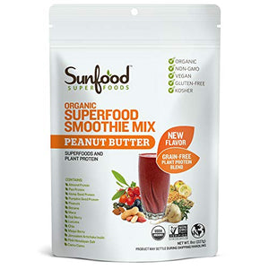 Sunfood Organic Superfood Smoothie Mix- Peanut Butter Flavor | New Plant-Based Protein Blend (Pea, Hemp, Almond, Pumpkin) All-Natural Ingredients | Non-GMO, Vegan, Gluten Free | 8 oz Bag