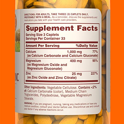 Sundown Calcium Magnesium Zinc Caplets for Immune Support, Non-GMO, Vegetarian, Dairy-Free, Gluten-Free, 100 Count