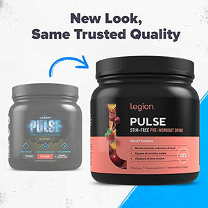 Legion Pulse, Best Caffeine Free Natural Pre Workout Supplement for Women and Men – Powerful Nitric Oxide Booster, Non Stimulant w/Beta Alanine, Citrulline and Alpha GPC, (Caffeine Free Fruit Punch)