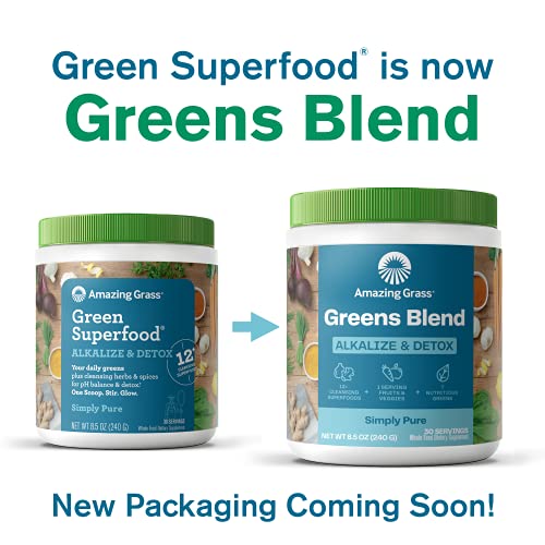 Amazing Grass Greens Blend Alkalize & Detox: Cleanse with Super Greens Powder, Beet Root Powder, Digestive Enzymes, Prebiotics & Probiotics, 30 Servings (Packaging May Vary)