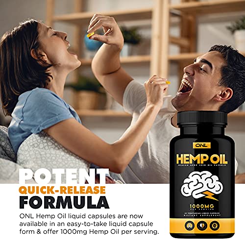 Hemp Oil Capsules 1000MG - Premium Organic Capsules (60 Vegetarian Liquid Capsules) - Best All Natural Omega 3, 6, 9 Brain Boost Supplement, Memory, Focus, Clarity