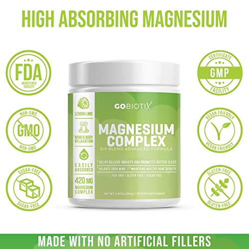 Magnesium Complex Powder by GoBiotix | High Absorption Magnesium Supplement Drink for Sleep Support, Stress Relief, Muscle Relaxation & Recovery | Vegan + Sugar-Free + Non-GMO. Lemon Lime, 60 Servings