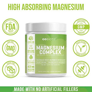 Magnesium Complex Powder by GoBiotix | High Absorption Magnesium Supplement Drink for Sleep Support, Stress Relief, Muscle Relaxation & Recovery | Vegan + Sugar-Free + Non-GMO. Lemon Lime, 60 Servings