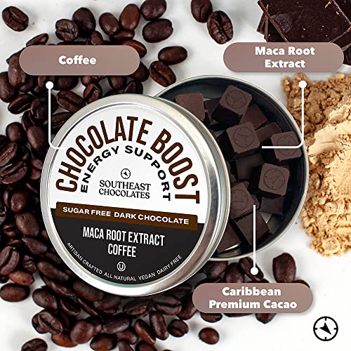 Southeast Chocolates Boost Bites - Sugar-Free Dark Chocolate Bites – Sugar Free with Maca Root Extract and Coffee to Support Physical Endurance and Memory Concentration – Vegan, Dairy-Free. Soy-Free and All Natural (Small Tin 6 Pack/9 Bites ea.)