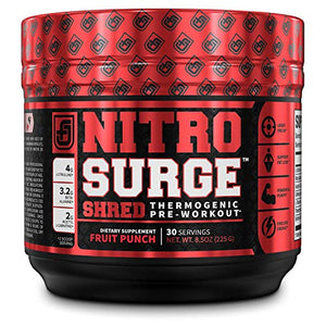 NITROSURGE Shred Pre Workout Supplement - Energy Booster, Instant Strength Gains, Sharp Focus, Powerful Pumps - Nitric Oxide Booster & PreWorkout Powder - 30Sv, Fruit Punch