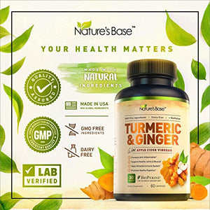 Turmeric Curcumin Supplement with Ginger & Apple Cider Vinegar, BioPerine Black Pepper, Tumeric & Ginger, 95% Curcuminoids & Joint Supplement, Antioxidant Tumeric Supplements Capsules, Nature's Base