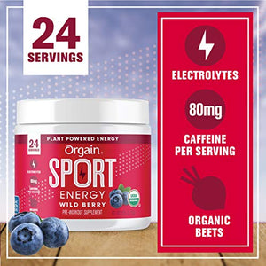 Orgain Wild Berry Sport Energy Pre-Workout Powder - Made with Green Coffee Beans, Organic Beets, Ginger, and Cordyceps, Gluten Free, Non-GMO, Vegan, Dairy and Soy Free - 0.53 lbs