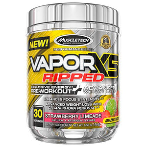 Pre Workout + Weight Loss | MuscleTech Vapor X5 Ripped | Pre Workout Powder for Men & Women | PreWorkout Energy Powder Drink Mix | Sports Nutrition Pre-Workout Products | Strawberry Limeade (30 Serv.)