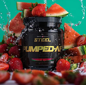 Steel Supplements Pumped-AF Pre Workout Powder with N.O.7, 6g L-Citrulline & Kre-Alkalyn | Non Stimulant, Caffeine Free, Increase Blood Flow & Hydration | 30 Servings (Strawberry Watermelon)