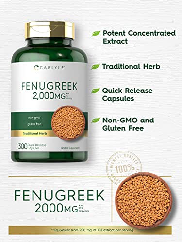 Fenugreek Capsules | 2000mg | 300 Count | Non-GMO & Gluten Free Extract | Fenugreek Seeds | by Carlyle