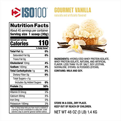 Dymatize ISO 100 Whey Protein Powder with 25g of Hydrolyzed 100% Whey Isolate, Gluten Free, Fast Digesting, Gourmet, 3 Pound, Vanilla, 3 Pound , 48 Oz