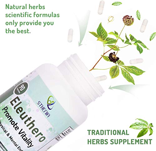 Sthenia Eleuthero Root 500 mg Supplements 90 Vegan Capsules for Healthy Energy and Immune Support, Improve Physical Stamina and Mental Endurance