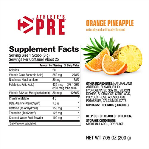 Dymatize Athlete's Pre Workout Powder with Caffeine, Improved Pump & Energy, Low Calorie and No Sugar & Carbs, Orange Pineapple, 25 Servings