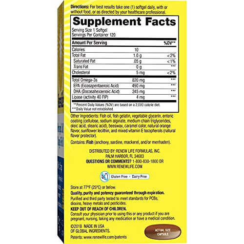 Renew Life® Norwegian Gold® Adult Fish Oil - Critical Omega, Fish Oil Omega-3 Supplement - Gluten & Dairy Free - 120 Burp-Free Softgel Capsules