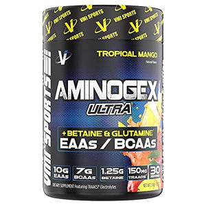 VMI Sports | Aminogex Ultra | BCAA Powder | Amino Acids + Betaine and Glutamine | Amino Acid Post Workout Recovery Drink | Intra Workout Drink with TRAACS Electrolytes | (Tropical Mango, 30 Servings)