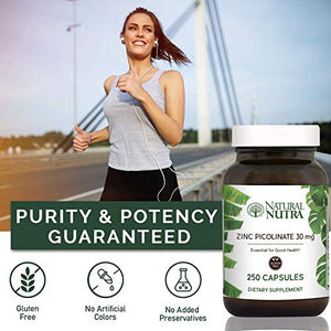 Natural Nutra Zinc Picolinate 30 mg, Double Strength, Raw and Pure, Highly Bioavailable Supplement for Growth, Immune and Thyroid Support, 250 Capsules (2 Pack)