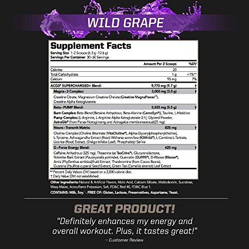 PMD Sports ACG3 Supercharged - Pre Workout - Powerful Strength, High Energy, Maximize Mental Focus, Endurance and Optimum Workout Performance for Men and Women- Wild Grape (60 Servings)