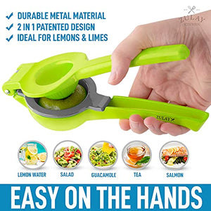 Zulay Metal 2-In-1 Lemon Lime Squeezer - Hand Juicer Lemon Squeezer - Max Extraction Manual Citrus Juicer (Gray and Lime Green)