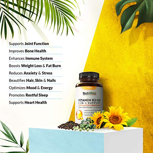 Vitamin K2 + D3 5000 IU Supplement with Calcium & BioPerine. Maximum Absorption. Supports Healthy Heart, Bones & Teeth. Powerful Immune System, Energy & Mood Enhancer. No Fillers, Gluten-Free Capsules